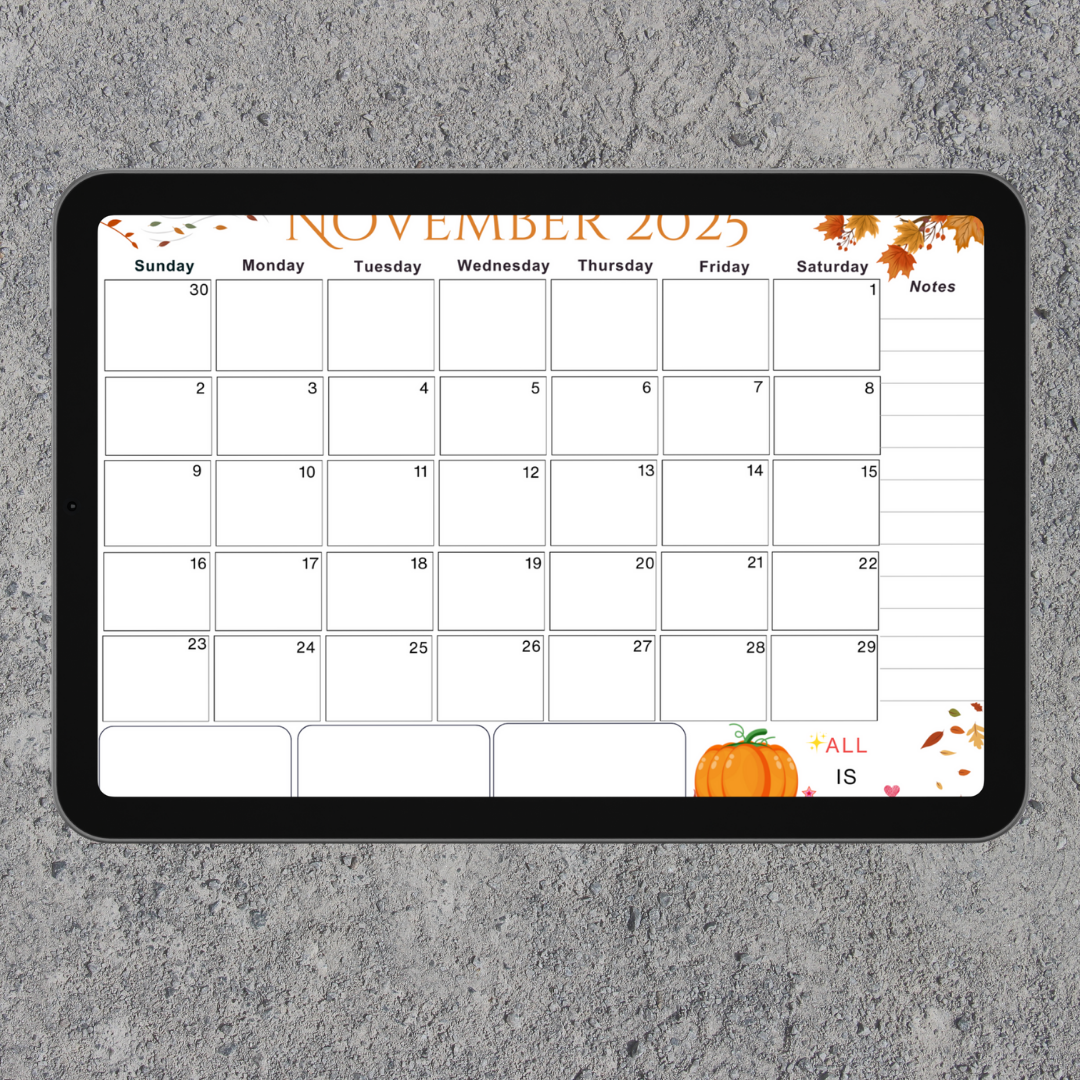 Accomplish|Monthly Theme Calendar Printable for November 2025.