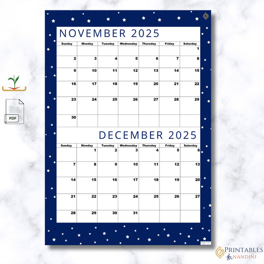 Premium Cool Navy| Bi-Monthly Calendar for November 2025 & December 2025!.