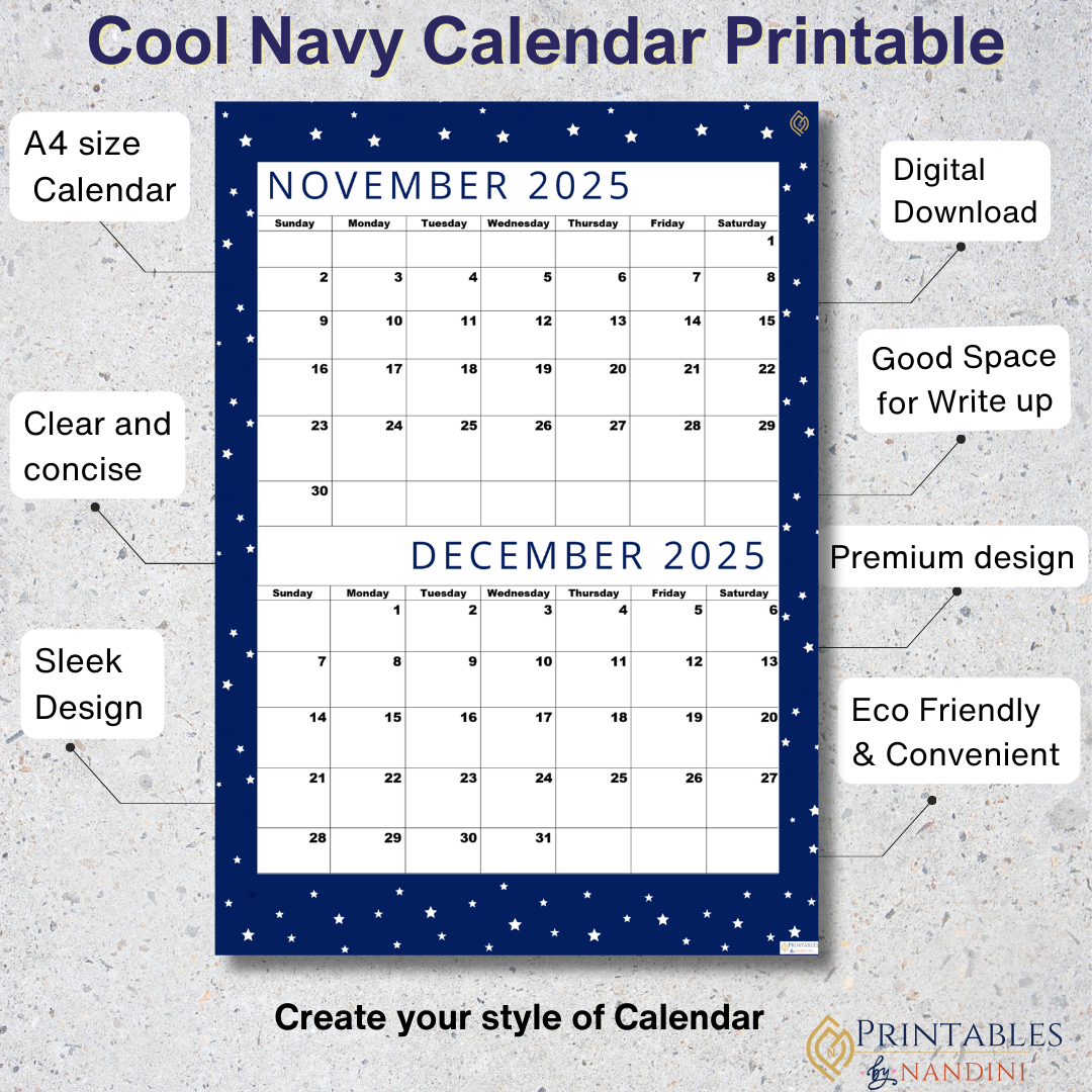 Premium Cool Navy| Bi-Monthly Calendar for November 2025 & December 2025!.