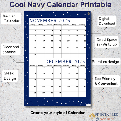 Premium Cool Navy| Bi-Monthly Calendar for November 2025 & December 2025!.