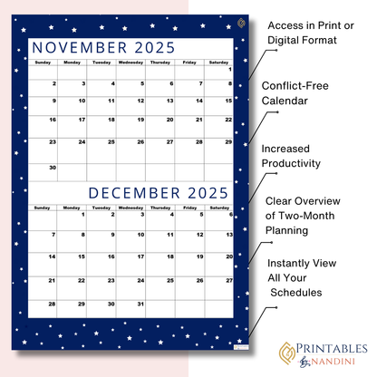 Premium Cool Navy| Bi-Monthly Calendar for November 2025 & December 2025!.