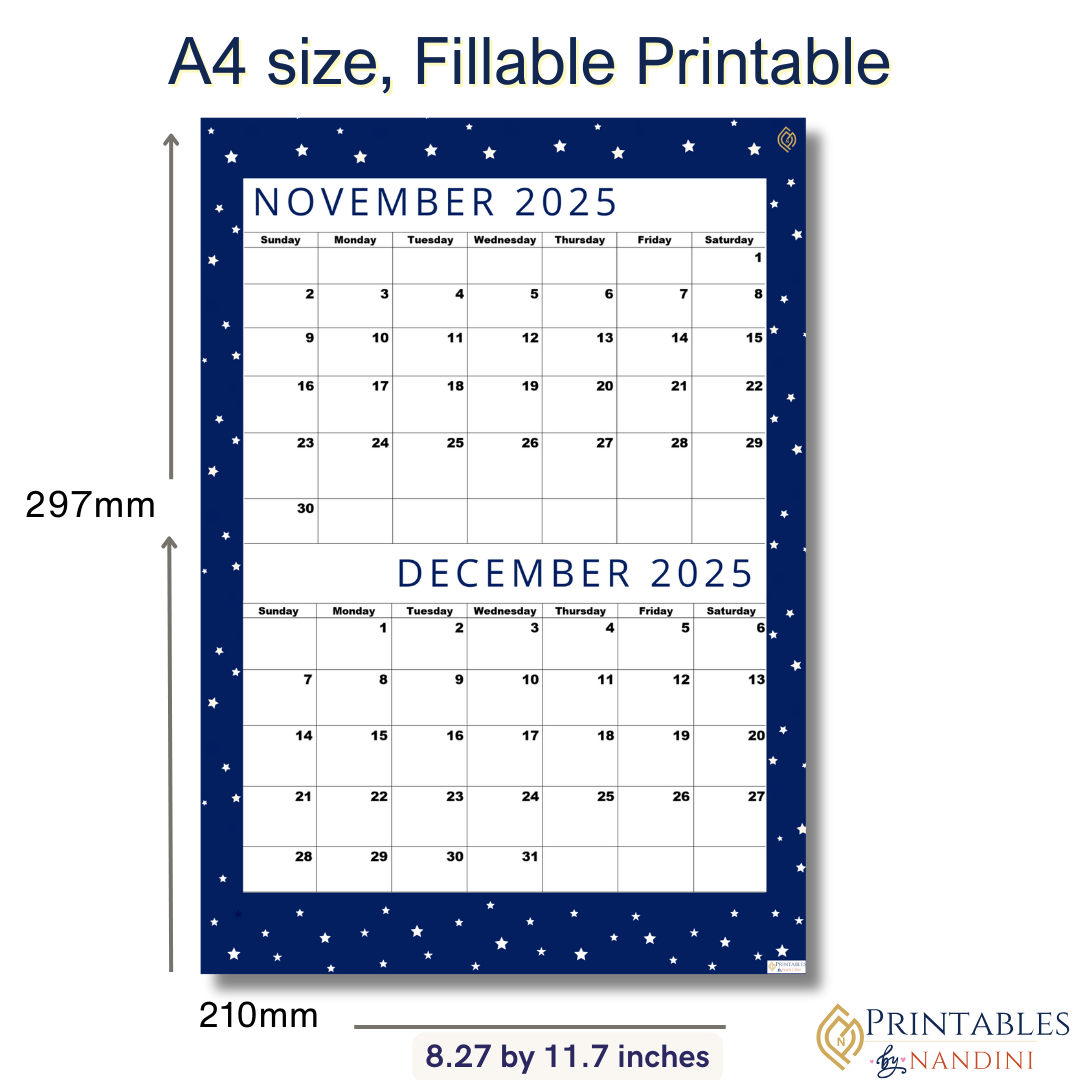 Premium Cool Navy| Bi-Monthly Calendar for November 2025 & December 2025!.
