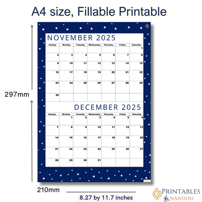 Premium Cool Navy| Bi-Monthly Calendar for November 2025 & December 2025!.