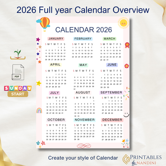 2026 Full year overview calendar |Sunday Start
