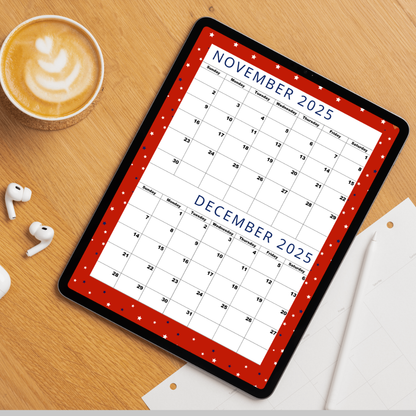 Lovely Red| Calendar for November 2025 & December 2025-Sunday Start!