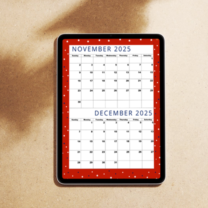 Lovely Red| Calendar for November 2025 & December 2025-Sunday Start!