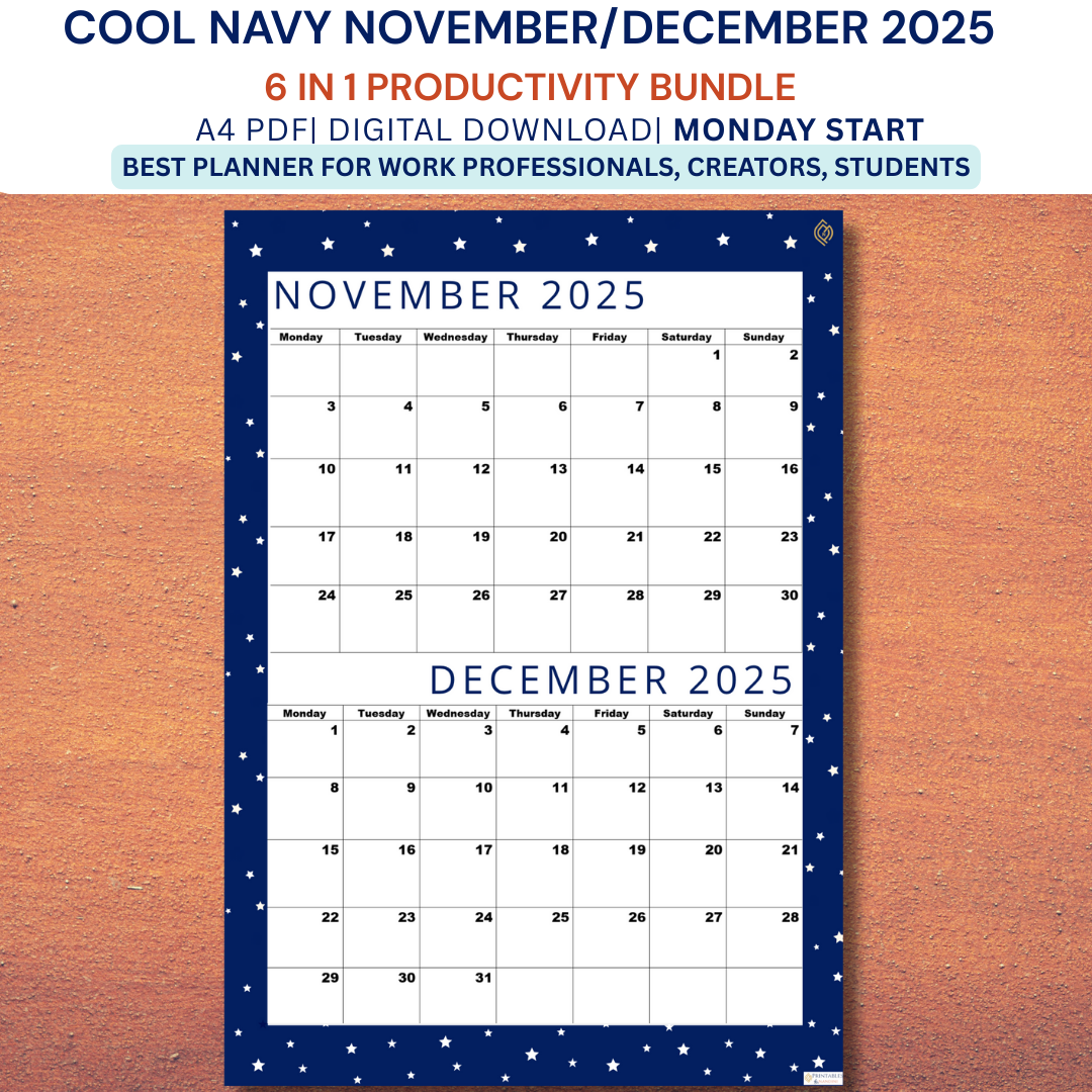 Premium Cool Navy| Bi-Monthly Calendar for November 2025 & December 2025, Monday Start,A4 PDF,Digital Download