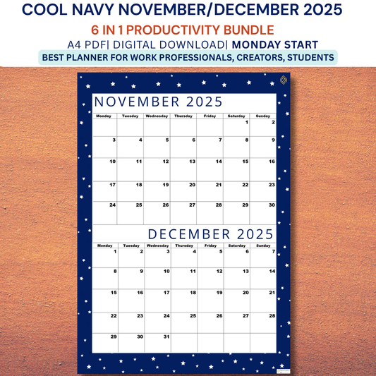 Premium Cool Navy| Bi-Monthly Calendar for November 2025 & December 2025, Monday Start,A4 PDF,Digital Download