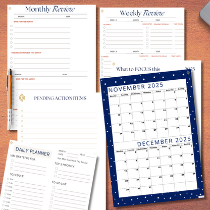 Premium Cool Navy| Bi-Monthly Calendar for November 2025 & December 2025, Monday Start,A4 PDF,Digital Download