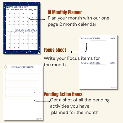 Premium Cool Navy| Bi-Monthly Calendar for November 2025 & December 2025, Monday Start,A4 PDF,Digital Download