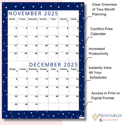 Premium Cool Navy| Bi-Monthly Calendar for November 2025 & December 2025, Monday Start,A4 PDF,Digital Download
