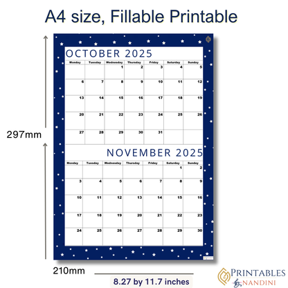 Premium Cool Navy| Bi-Monthly Calendar for November 2025 & December 2025, Monday Start,A4 PDF,Digital Download