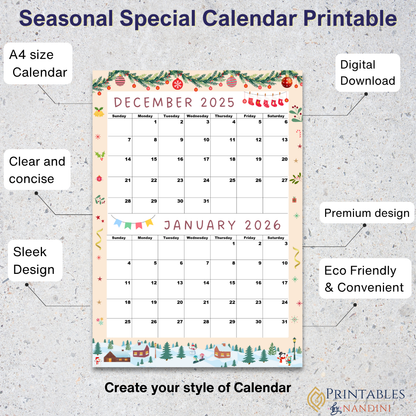 Calendar for December 2025 and January 2026, Sunday Start,A4 PDF,Digital Download