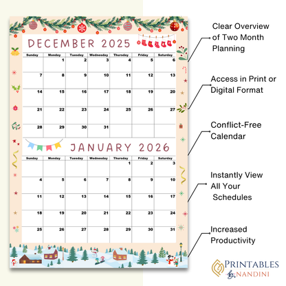 Calendar for December 2025 and January 2026, Sunday Start,A4 PDF,Digital Download