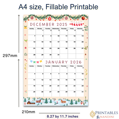 Calendar for December 2025 and January 2026, Sunday Start,A4 PDF,Digital Download