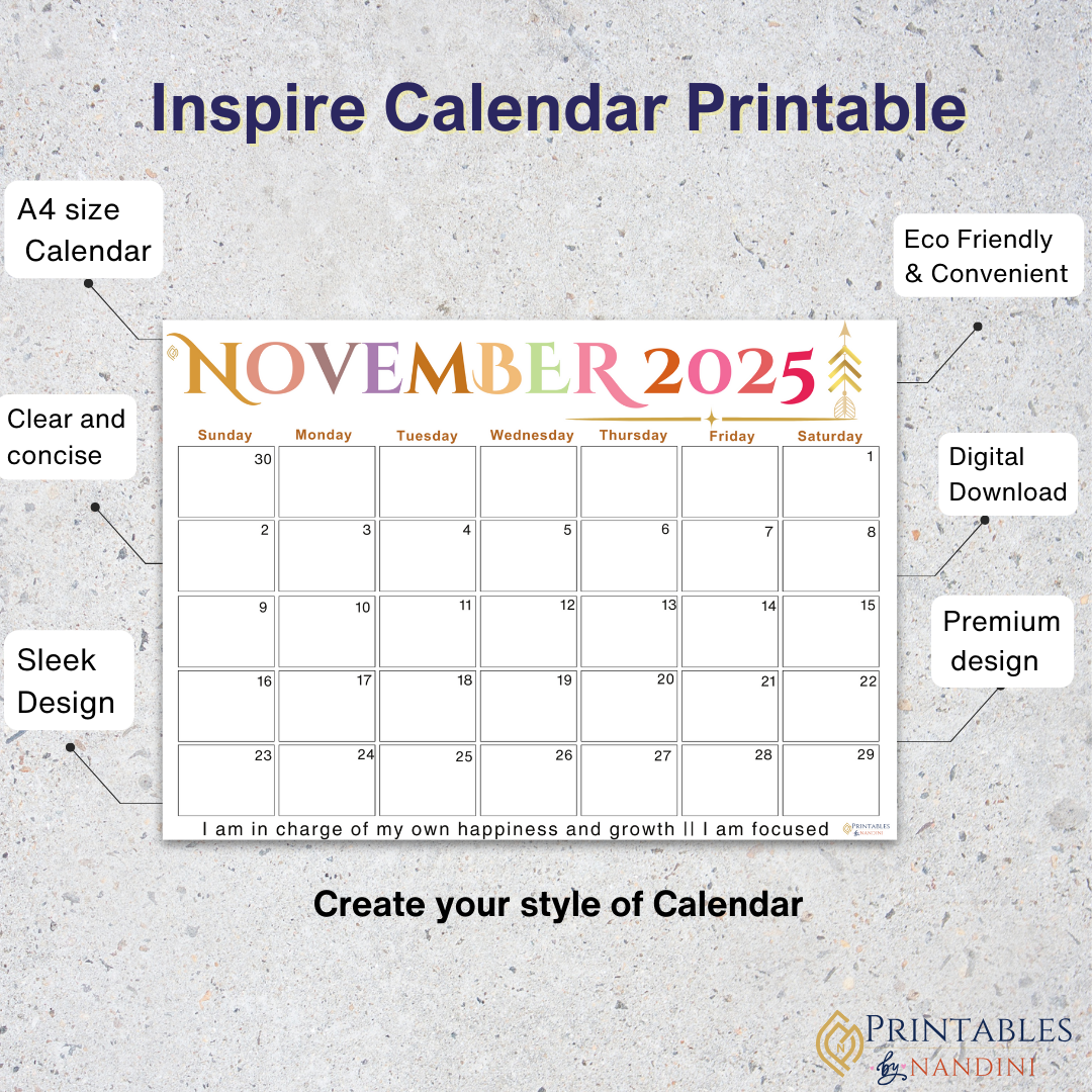Inspire|Monthly Theme Calendar Printable for November 2025.