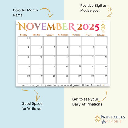 Inspire|Monthly Theme Calendar Printable for November 2025.