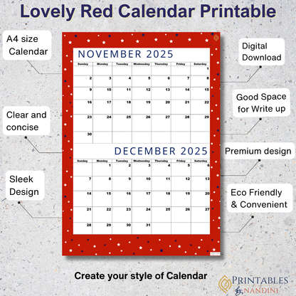 Exclusive Lovely Red| Bi-Monthly Calendar for November 2025 & December 2025!.