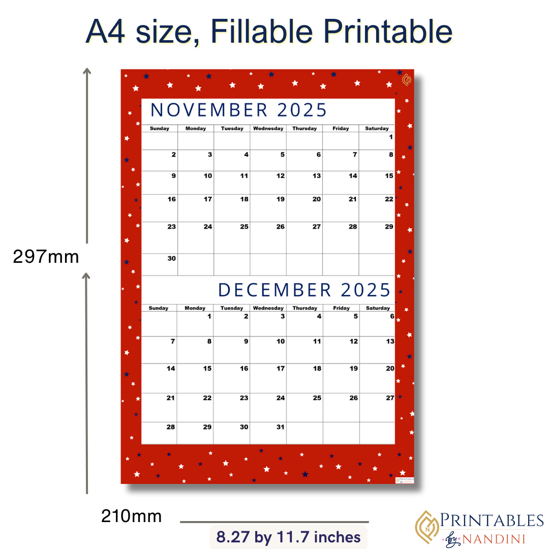 Exclusive Lovely Red| Bi-Monthly Calendar for November 2025 & December 2025!.