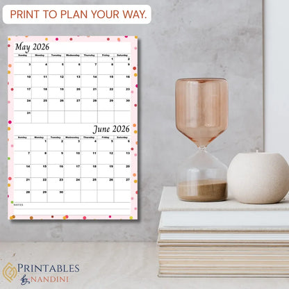 Printable May June 2026 calendar |A4, Sunday Start| Digital Download| Pink Minimalist