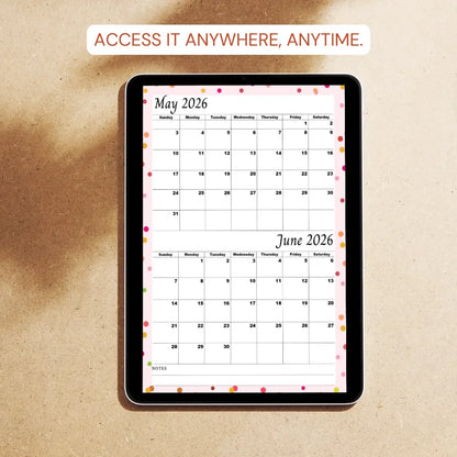 Digital calendar displayed on a tablet with 'Access it anywhere, anytime.' text above.