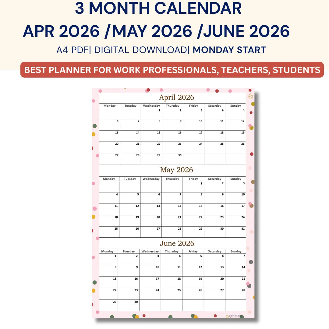 April May June 2026 calendar Printable, A4 PDF, Monday Start, Quarterly Calendar