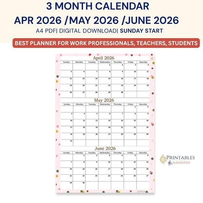 Printable April May June 2026 Calendar Page | A4 Format, Sunday Start