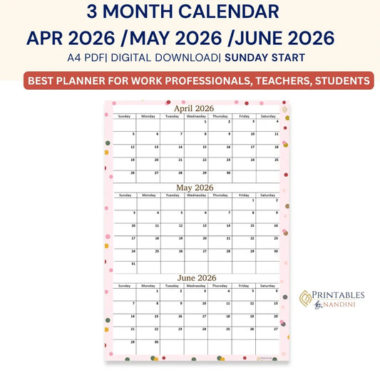 Printable April May June 2026 Calendar Page | A4 Format, Sunday Start