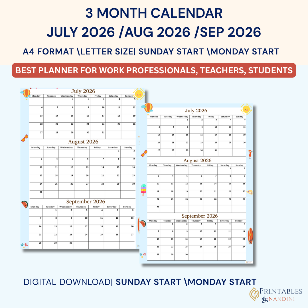 July August September 2026 calendar Printable|A4,Letter Size| Sunday and Monday Start| Instant Download