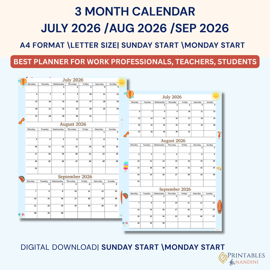 July August September 2026 calendar Printable|A4,Letter Size| Sunday and Monday Start| Instant Download