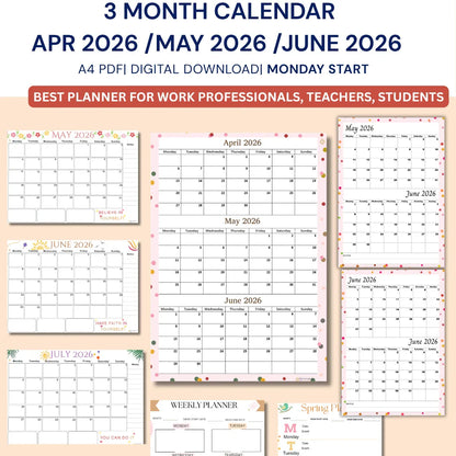 April May June 2026 calendar Printable, A4 PDF, Monday Start, Quarterly Calendar