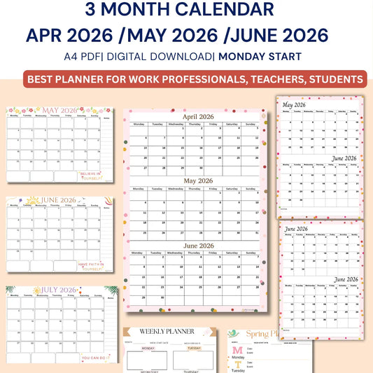 April May June 2026 calendar Printable, A4 PDF, Monday Start, Quarterly Calendar