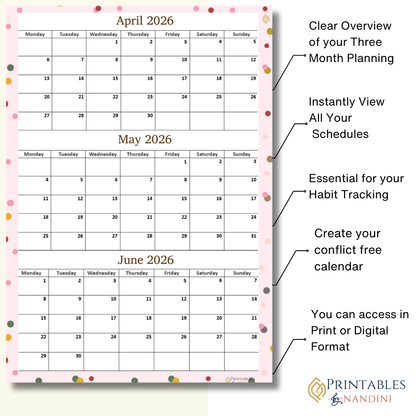 April May June 2026 calendar Printable|Quaterly PDF