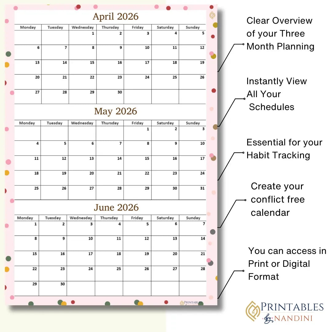 Three-month calendar layout for April, May, and June 2026 with text highlighting features.