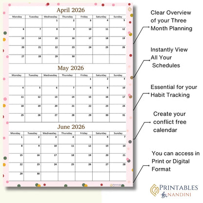 Three-month calendar layout for April, May, and June 2026 with text highlighting features.