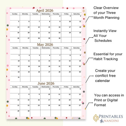 Printable April May June 2026 Calendar Page | A4 Format, Sunday Start