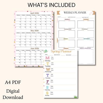 April May June 2026 calendar Printable|Quaterly PDF