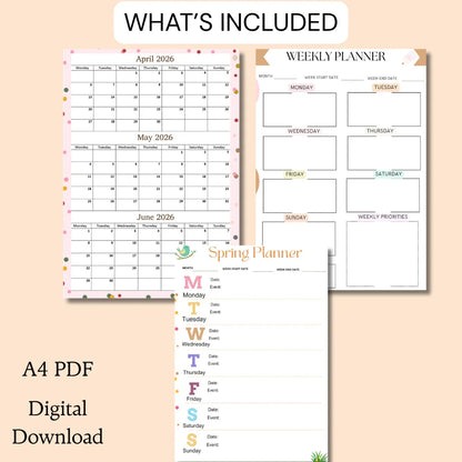 April May June 2026 calendar Printable, A4 PDF, Monday Start, Quarterly Calendar
