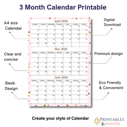 April May June 2026 calendar Printable|Quaterly PDF