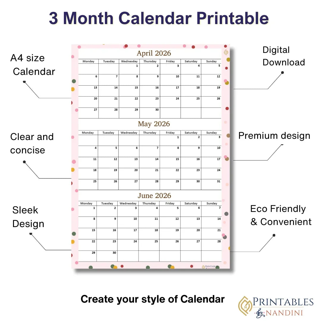 3-month calendar printable with features highlighted on a white background
