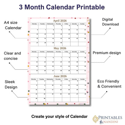 3-month calendar printable with features highlighted on a white background