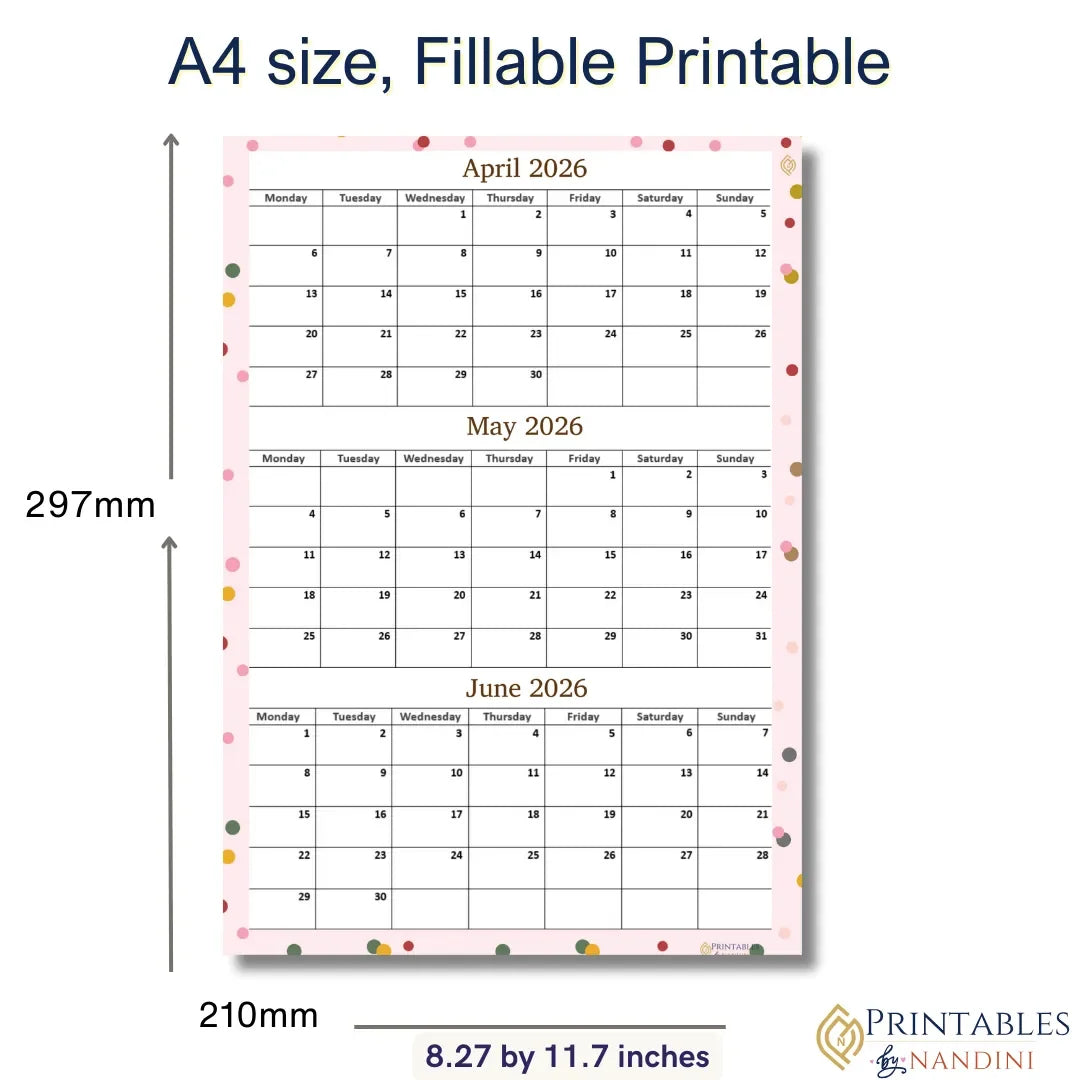 A4 size fillable printable calendar for April to June 2026 with dimensions and branding.