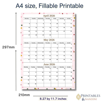 A4 size fillable printable calendar for April to June 2026 with dimensions and branding.