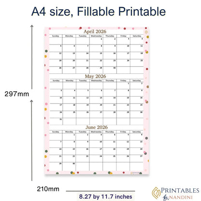 Printable April May June 2026 Calendar Page | A4 Format, Sunday Start