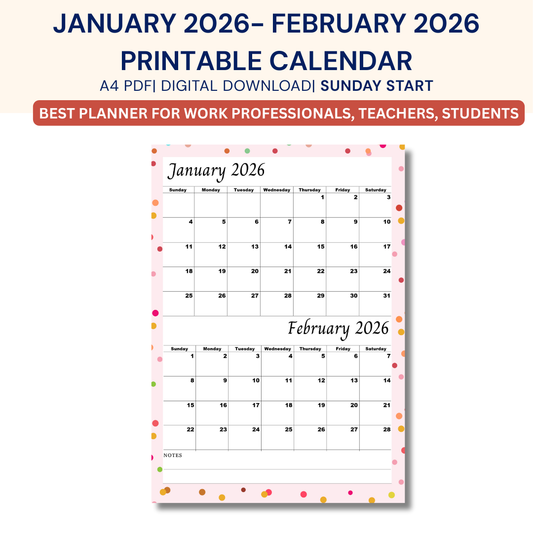 January February 2026 calendar Printable |Digital Download