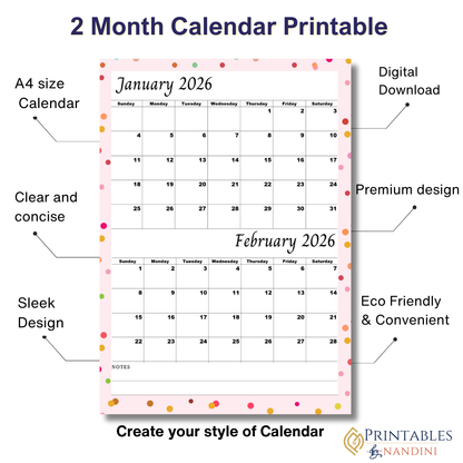 January February 2026 calendar Printable |Digital Download