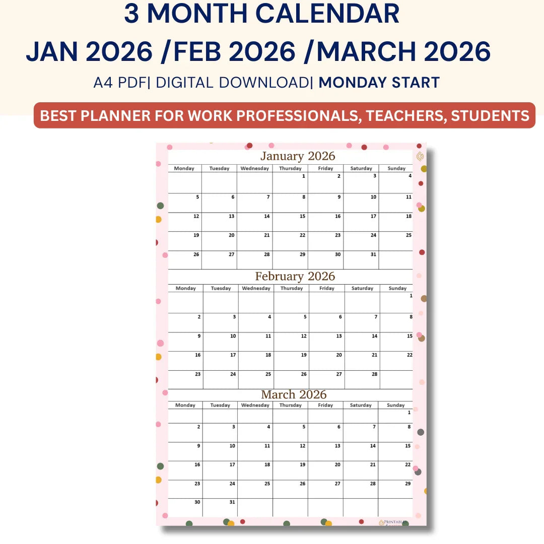 Three-month calendar for January to March 2026 