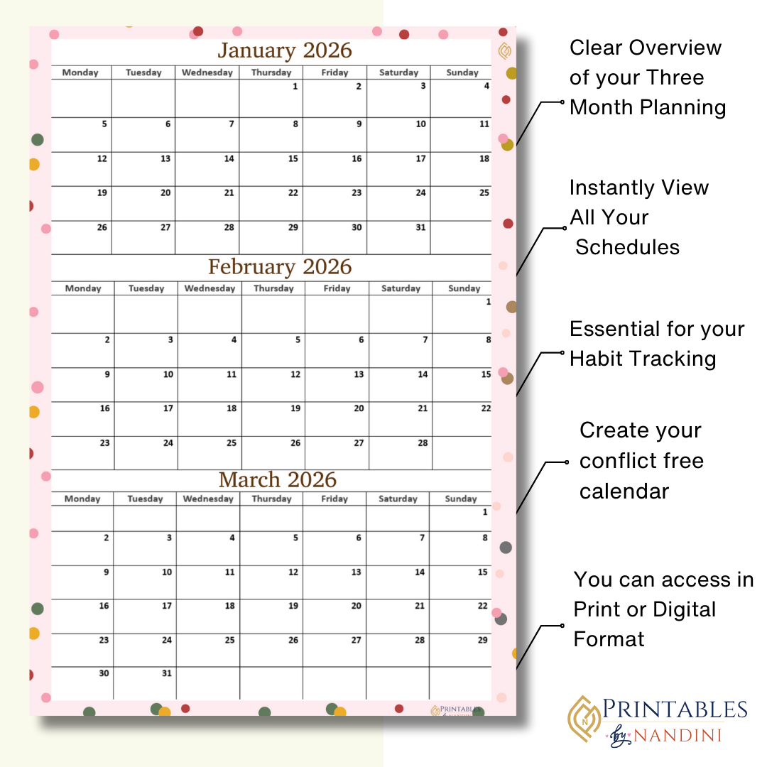 Three-month calendar layout for January, February, and March 2026
