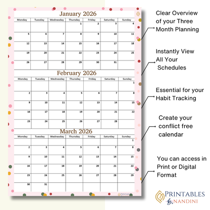 Three-month calendar layout for January, February, and March 2026