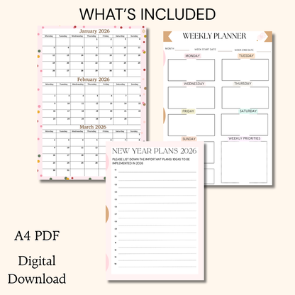 Three-month calendar printable for January, February, and March 2026